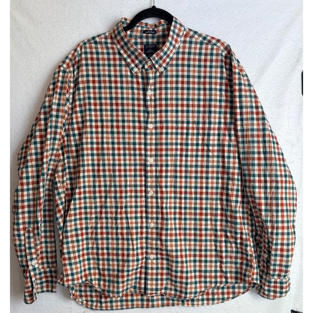 J.Crew Mens XXL Slim Untucked Flex Washed Plaid Button Down Shirt Red Green‎
